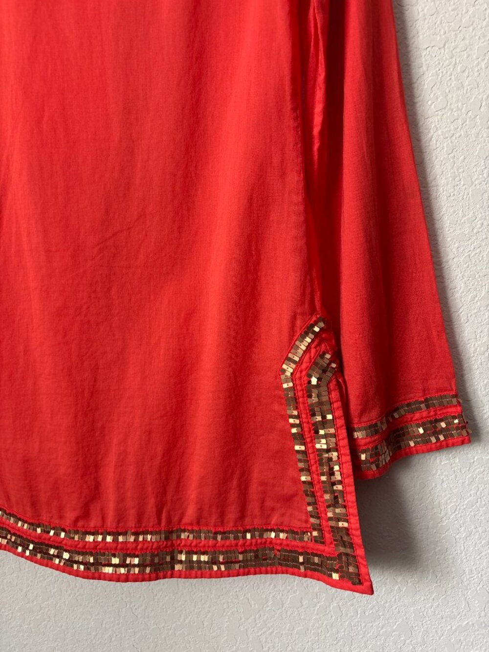 Tory Burch Gold Sequins V-Neck Orange Longline Caftan Tunic - Picture 9 of 13